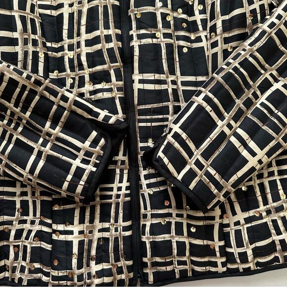 Carole Little Jacket Silk Quilted Black Tan Gold Sequin Bling Zip Front Large - Picture 10 of 11
